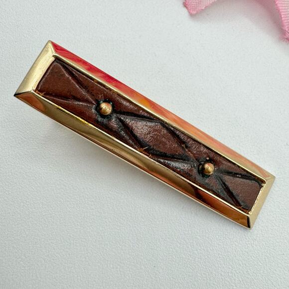 Vintage Hickok Quilted Leather Tie Clip Bar Rich Brown Gold Tone Classic Signed - Picture 1 of 10